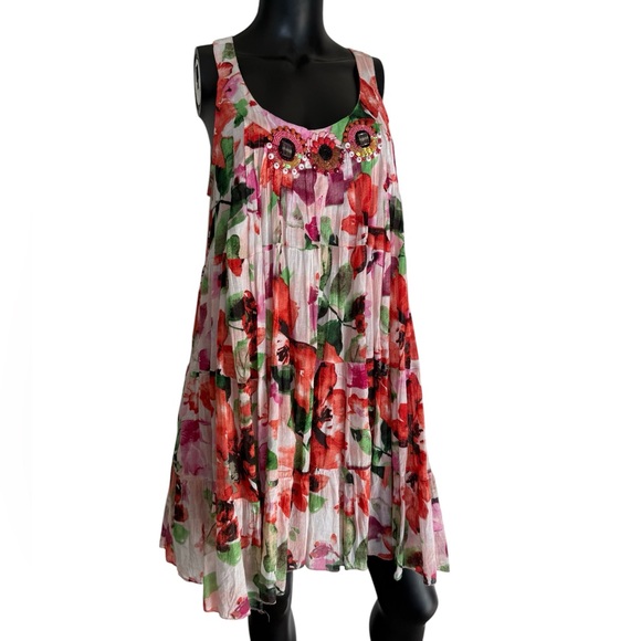 ravilana Dresses & Skirts - Embellished Floral Tiered Mini Dress - Pink & Green
